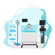 © liana2012 - Vector image of a sick person lies in intensive care and is connected to the artificial respiration system. Medical technology and patient care illustration on abstract background