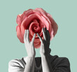 Modern conceptual art poster with a girl with beautiful flower instead of a head and hands in a mas surrealism style. Contemporary art collage