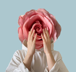 Modern conceptual art poster with a girl with beautiful flower instead of a head and hands in a mas surrealism style. Contemporary art collage