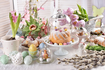 Canvas Print - Easter table with ring cake and decors under a glass cloche