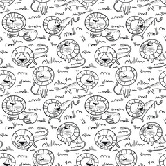 Wall Mural - Cute wild  lions background. Seamless pattern with  doodle leo characters. Sketchy style vector illustration for childish objects, t-shirts, textile. African landscape drawing