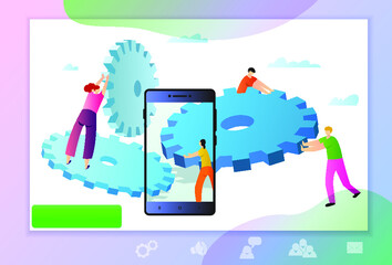 Web page template with service manager push gears. Concept for mobile app, banner, ui and ux design. Vector illustration for business teamwork themes. 
