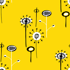 Dandelion seeds seamless vector pattern background. Abstract folk art style groups of herbacious garden or field flowers yelllow black backdrop. Midcentury modern hand drawn line art. Botanical repeat