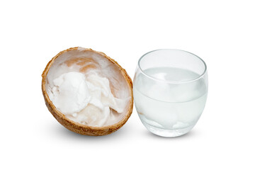 Sticker - coconut flakes and juice in glass cup isolated on white background ,include clipping path