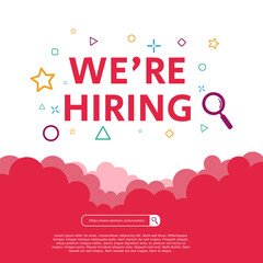 Hiring recruitment design for social media post template. Job vacancy creative announcement flyer with a cloud concept on pink or red color