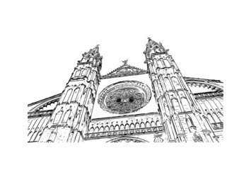 Building view with landmark of Palma is the 
city in Spain. Hand drawn sketch illustration in vector.