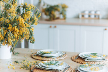 Wall Mural - Yellow spring fresh bouquet of flowers in kitchen