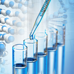 Wall Mural - microscope with lab glassware, science laboratory research and development concept