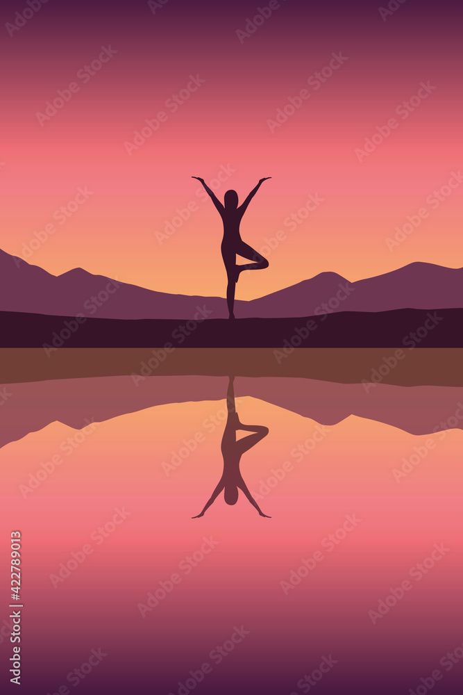 girl makes yoga by the lake at sunset - obrazy, fototapety, plakaty 
