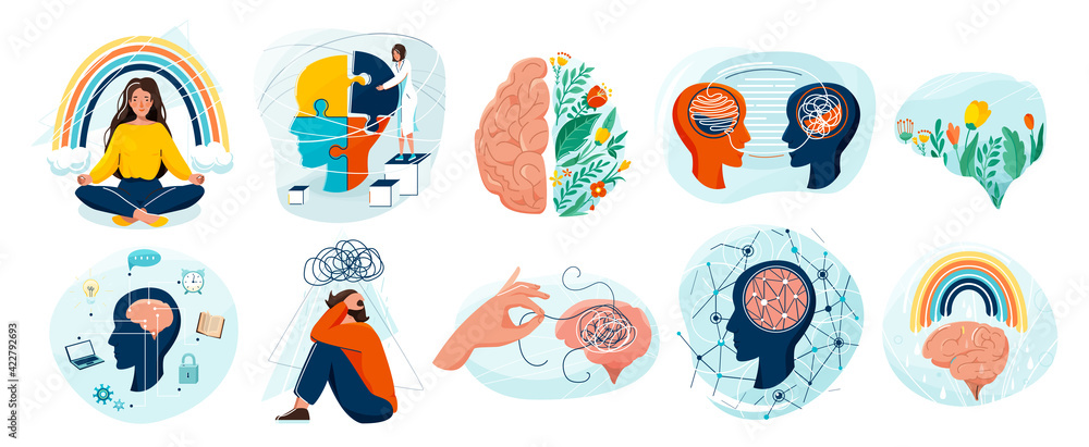 Mental health set vector background. Collection of different illustration with sad and happy people, two side brain, doctor add together puzzle of human head, psychotherapy, connection mind concept - obrazy, fototapety, plakaty 