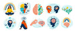 Mental health set vector background. Collection of different illustration with sad and happy people, two side brain, doctor add together puzzle of human head, psychotherapy, connection mind concept