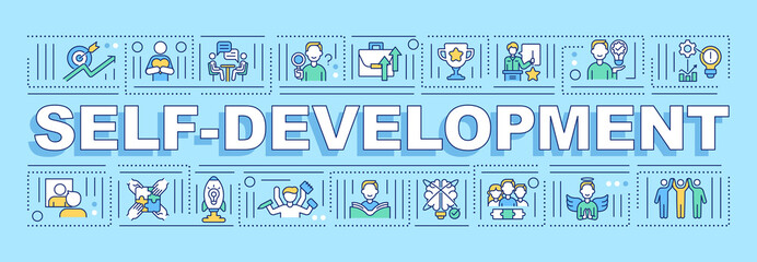 Self-development word concepts banner. Personal skills and potential improvement. Infographics with linear icons on blue background. Isolated typography. Vector outline RGB color illustration