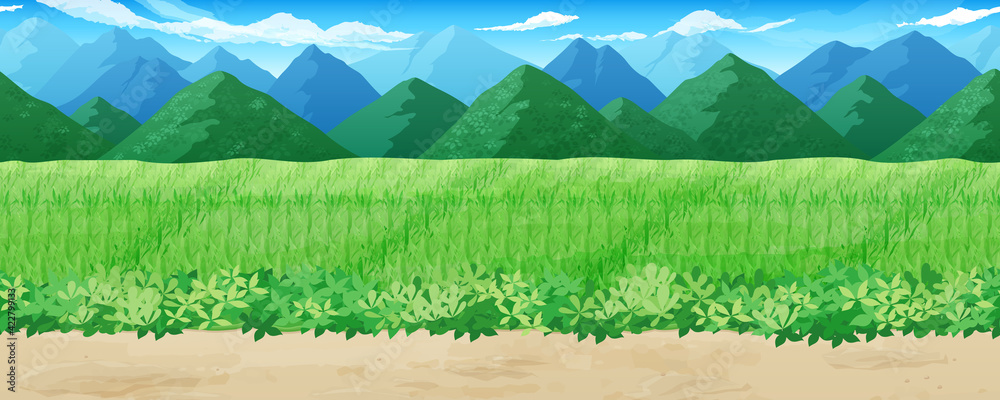田んぼと山の風景イラスト あぜ道 横スクロールゲームの背景 シームレス Wall Mural ふわぷか 田んぼと山の風景イラスト あぜ道 横スクロールゲームの背景 シームレス Wall Mural ふわぷか