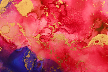 art photography of abstract fluid art painting with alcohol ink, blue, red and gold colors