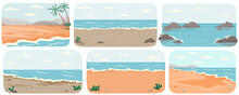 Set Of Illustrations With Sea Landcapes. Coastline With Ocean And Waves Vector Illustration