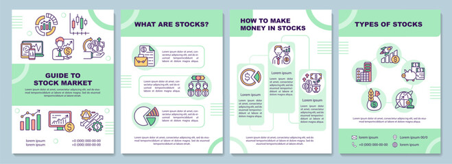 Guide to stock market brochure template. What are stocks. Flyer, booklet, leaflet print, cover design with linear icons. Vector layouts for presentation, annual reports, advertisement pages