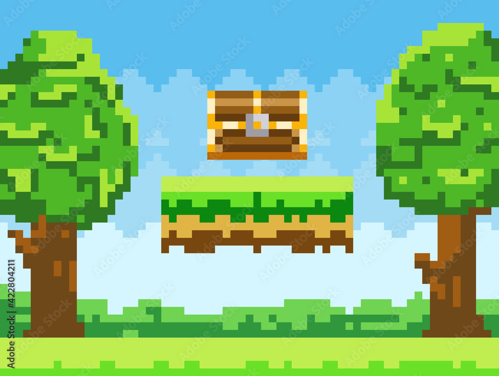 Pixel-game background with chest in sky. Pixel art scene with green ...