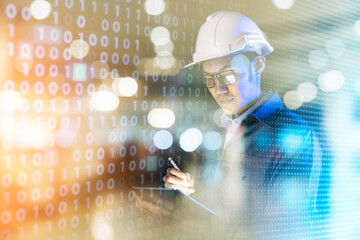 Wall Mural - engineer in factory futuristic cloud data cyber space background, artificial intelligence and digita