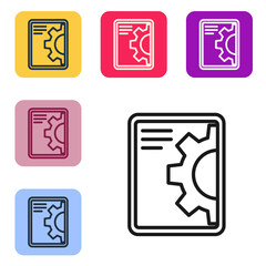 Black line Software, web development, programming concept icon isolated on white background. Programming language and program code on screen tablet. Set icons in color square buttons. Vector