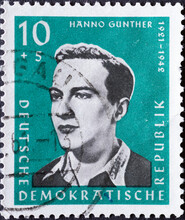 A Postage Stamp From Germany, GDR Showing A Portrait Of The Communist Resistance Fighter Hanno Günther (1921–1942) Who Was Murdered As A Resistance Fighter Against Hitler