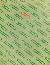 Green Paperclips With A Lone Orange Paperclip