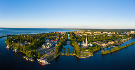 A view of the ruins of ancient gateways at the entrance of the Staroladozhsky Canal in Shlisselburg, Leningrad region, Russia