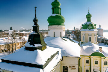 View of the domes of the Church of the Assumption Cathedral and the Church of St. Cyril of Belozersky from the bell tower of the Kirillo-Belozersky Monastery on a frosty day, Kirillov, Vologda region