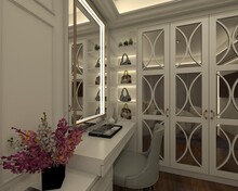 Modern Fitting Room With Dressing Table And Wardrobe Clothes In White Colors Style