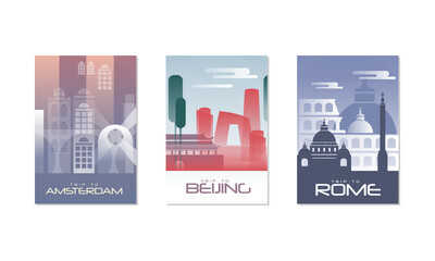 Poster - Travel the World Poster with Amsterdam, Beijing and Rome City View Vector Set