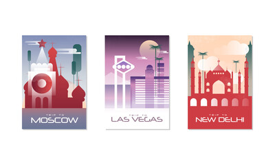 Poster - Travel the World Poster with Moscow, Las Vegas and New Delhi City View Vector Set