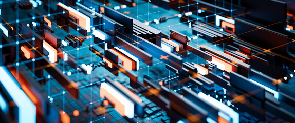 3d render of colorful cubes in a random pattern grid. digital technology background. glow segments. 
