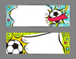 Bright pop art banners for Soccer with ball, net and stars. Cartoon text frame on a ray background. Comic football Template for web design, banners, cards, coupons and posters. Vector illustration