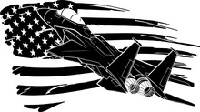 Black Silhouette Of Military Fighter Jets With American Flag. Vector Illustration
