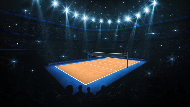 Wall Mural -  - Sport arena interior and professional volleyball court and crowd of fans around. A fan's corner view of the field from the stands. Digital 3D illustration.