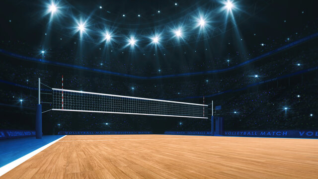 Wall Mural -  - Sport arena interior and professional volleyball court and crowd of fans around. The player's view when serving. Digital 3D illustration.