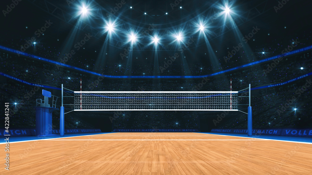 Sport arena interior and professional volleyball court and crowd of fans around. Player's view of the net from the front. Digital 3D illustration. - obrazy, fototapety, plakaty 