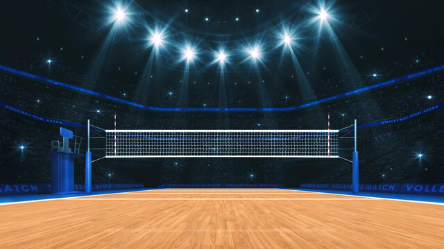 Wall Mural -  - Sport arena interior and professional volleyball court and crowd of fans around. Player's view of the net from the front. Digital 3D illustration.