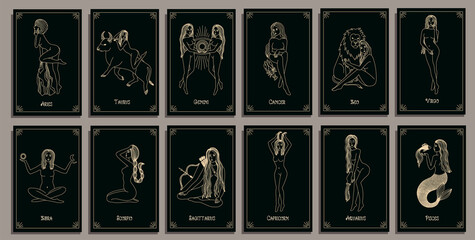 Wall Mural - seamless pattern - signs of the zodiac. gold illustration of astrological signs on a dark background