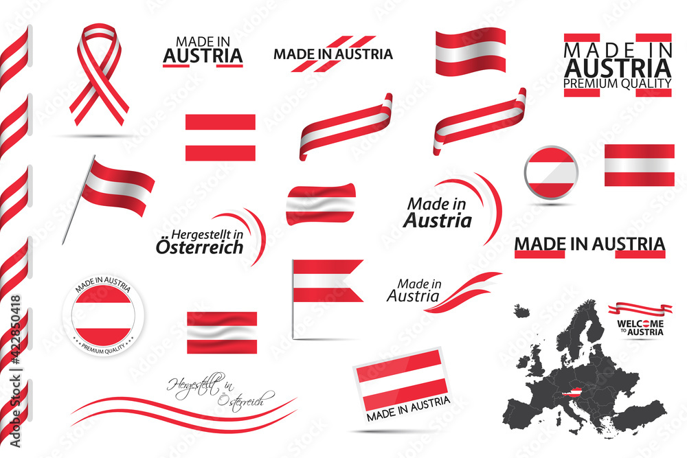 Big vector set of Austrian ribbons, symbols, icons and flags isolated on a white background. Made in Austria, premium quality, Austrian national colors. Set for your infographics and templates - obrazy, fototapety, plakaty 