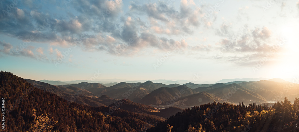 beautiful view above cloudscape and mountains - obrazy, fototapety, plakaty 
