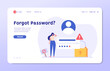 Woman forgot the password. Concept of forgotten password, key, account access, blocked access, protection, account security. Vector illustration in flat design for web page, landing, web banner