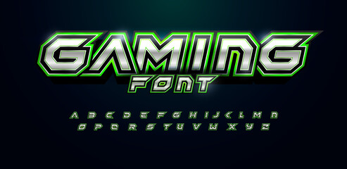 Wall Mural - Modern futuristic font for video game logo and headline. Bold letters with sharp angles and green outline. Tilted sharp font on black background. Vector typography design with metal texture