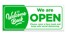 Welcome Back We Are Open. Green Sign On The Front Door. Vector