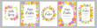 Happy Easter cards set with colorful flowers, eggs and green leaves border. Vector illustration.