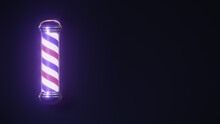 Rotating Barbershop Pole With Shiny Caps Glowing Isolated On A Dark Background; 3d Rendering 4k Footage. Barbershop Business Advertising With Copy Space Blocks. Isolated Spiral Pole. 