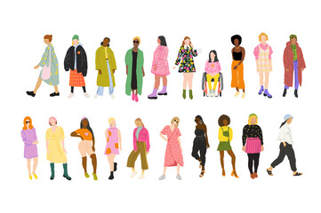 Wall Mural - Set of diverse women characters vector illustration. female fashion. Architecture people cutouts.