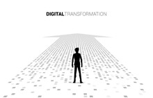 Silhouette Of Businessman Standing On The Arrow From Pixel. Concept Of Digital Transformation Of Business.