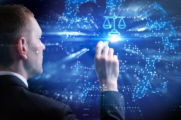business, technology, internet and network concept. young businessman working on a virtual screen of