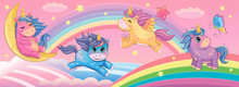 Set Funny Small Unicorns. Cute Little Pony Or Horse. Fairytale Background With Rainbows And Animals. Fabulous Landscape. Children's Wallpaper. Cartoon Illustration. Wonderland. Toy Or Doll. Vector. 