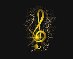 Musical clef. icon. Golden key with gold dust. Light with rays. Vector illustration. Background.